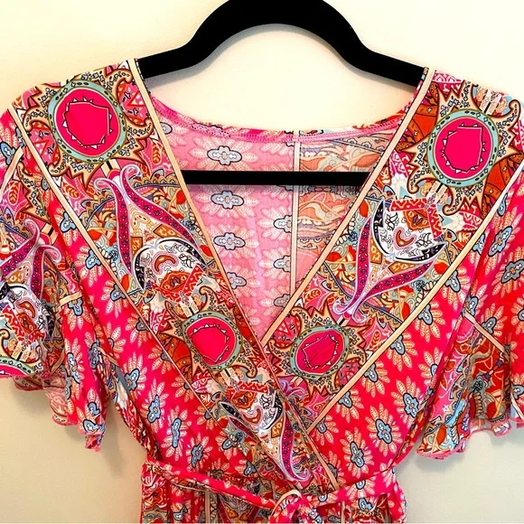 Floral Wrap V Neck Short Sleeve Dress with Belt - Picture 4 of 4